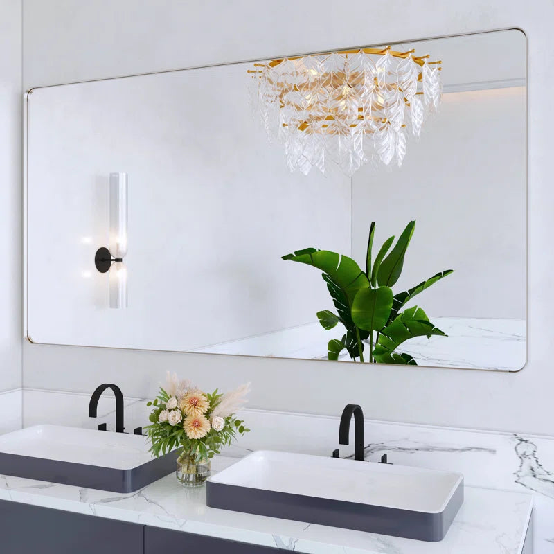 55" X 30"(Silver)Filleted Corner Wall Mounted Mirror, Bathroom Mirror, Vanity Wall Mirror With Metal Frame