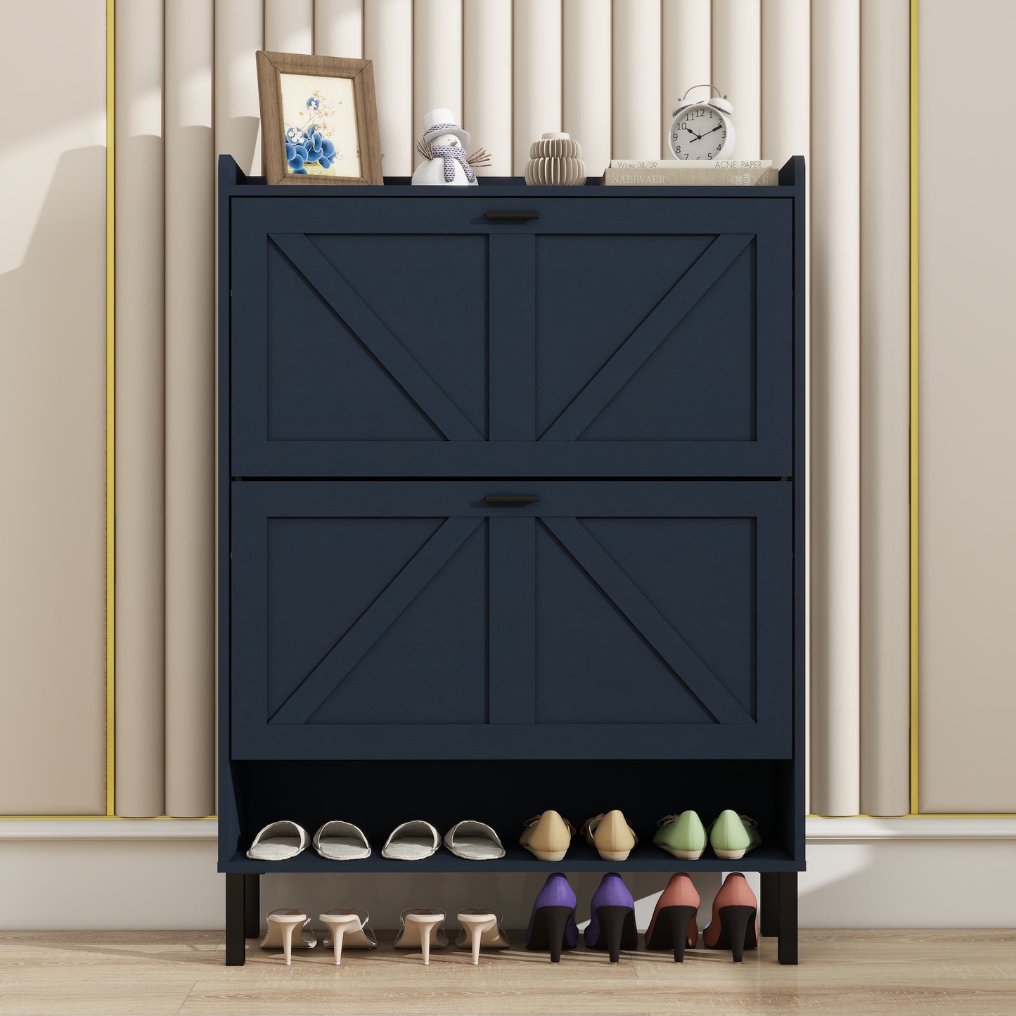 Navy Blue 2 Flip Patchwork Framed Shoe Cabinet