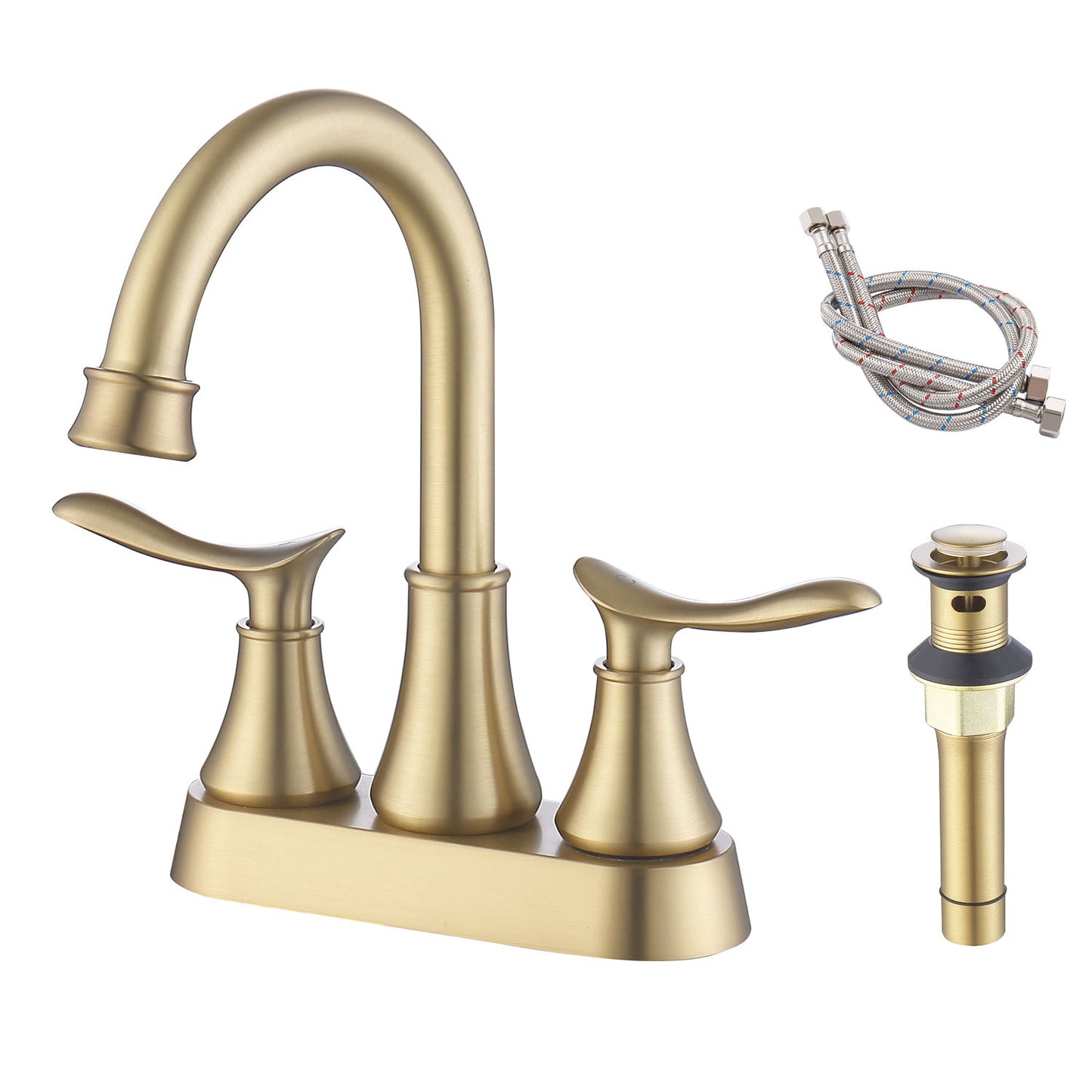 4009-BG  |  2-Handle 4-Inch Brushed Gold Bathroom Faucet, Bathroom Vanity Sink Faucets with Pop-up Drain and Supply Hoses 