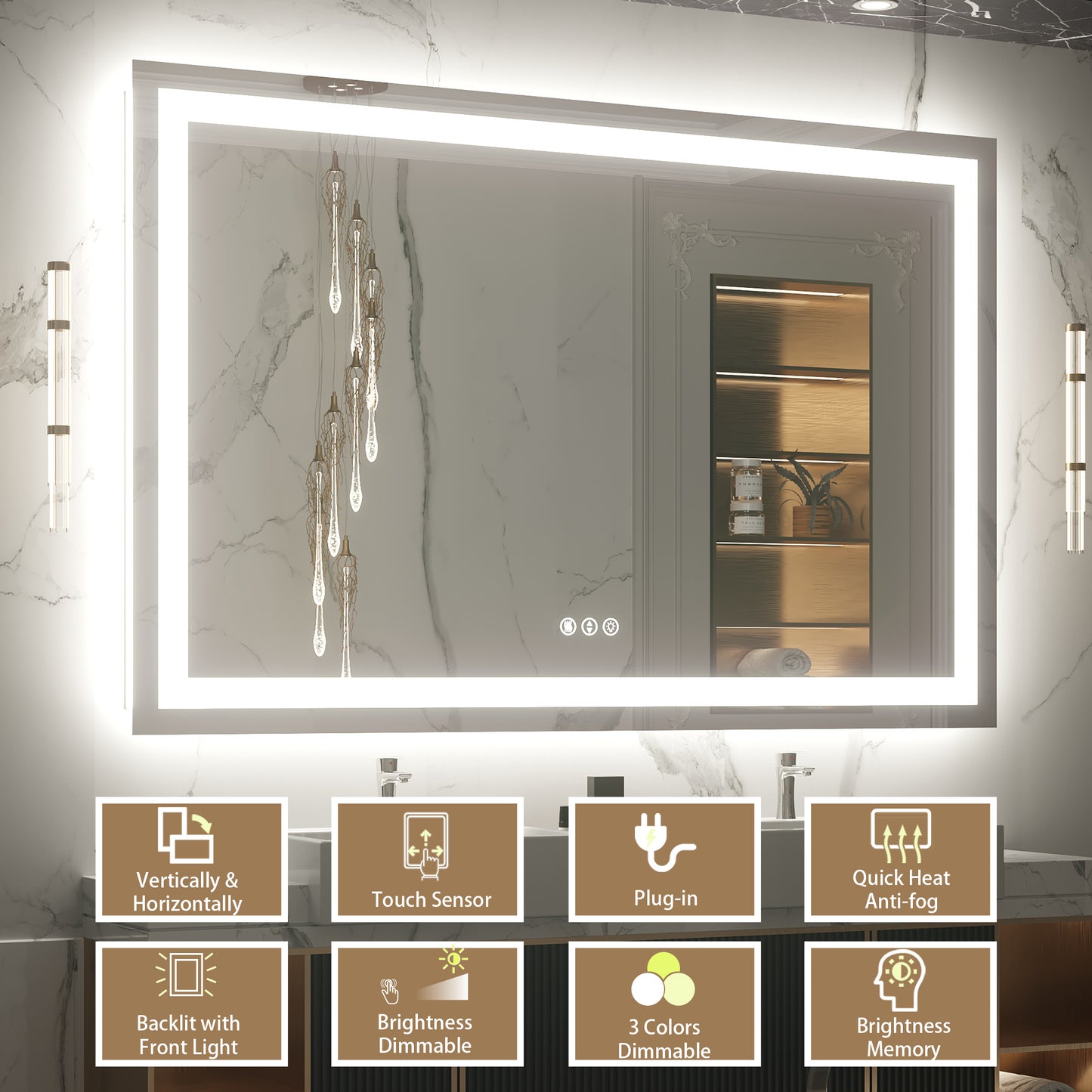 55" x 36" Tempered Glass Frameless LED Bathroom Mirror with Front and Backlight, Stepless Dimmable Wall Mirrors with Anti-Fog, 3 Colors, LED Vanity Mirror(Horizontal/Vertical)