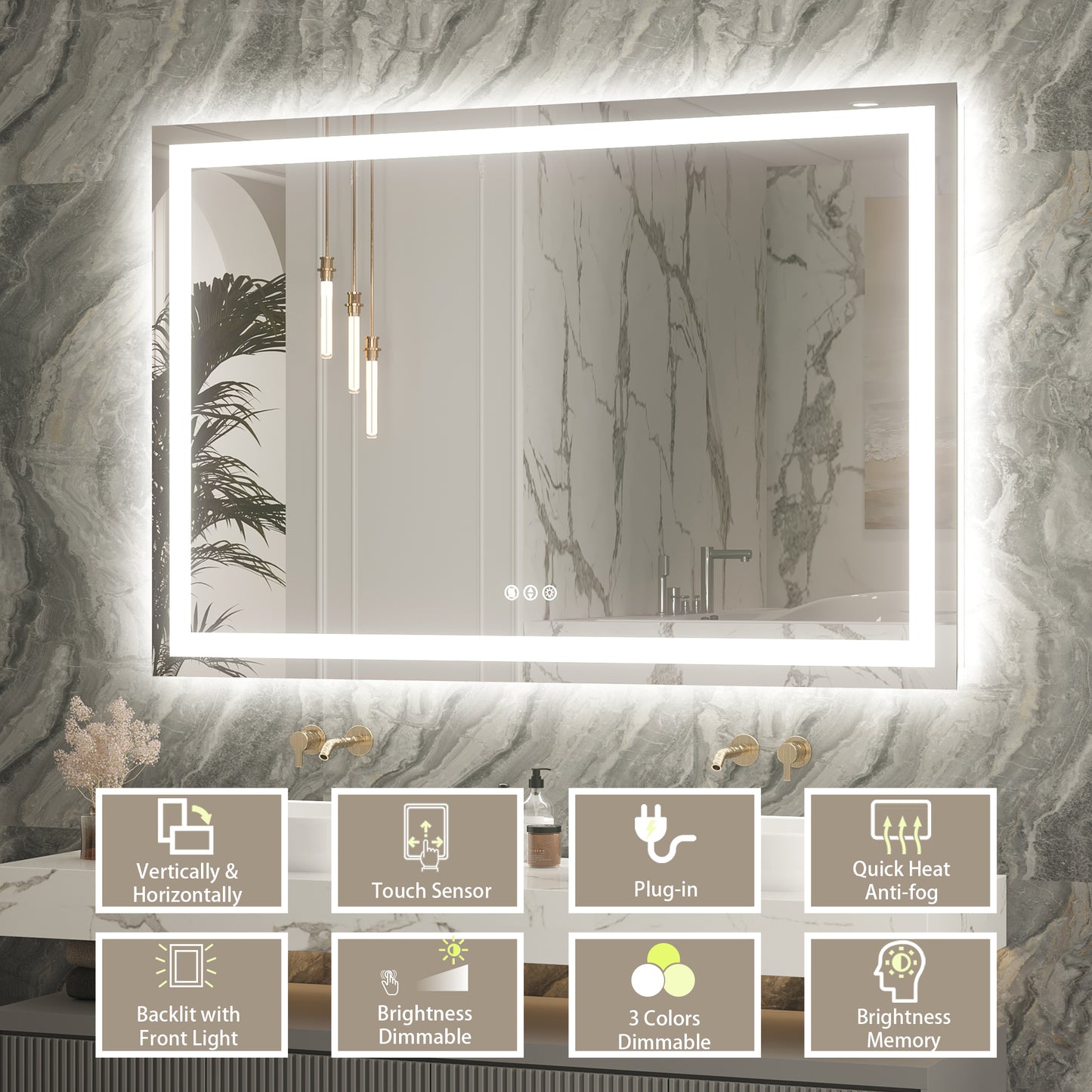 40" x 59"Dokes Frameless Anti-Fog LED Lighted Dimmable Wall Mounted Bathroom Vanity Mirror