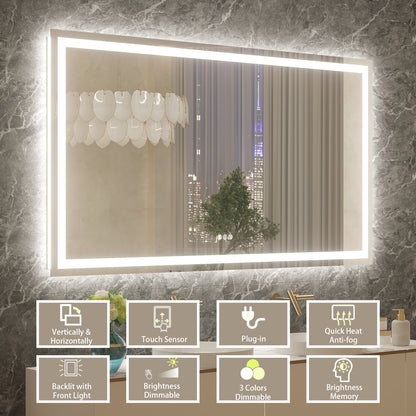 72" x 40"Dokes Frameless Anti-Fog LED Lighted Dimmable Wall Mounted Bathroom Vanity Mirror