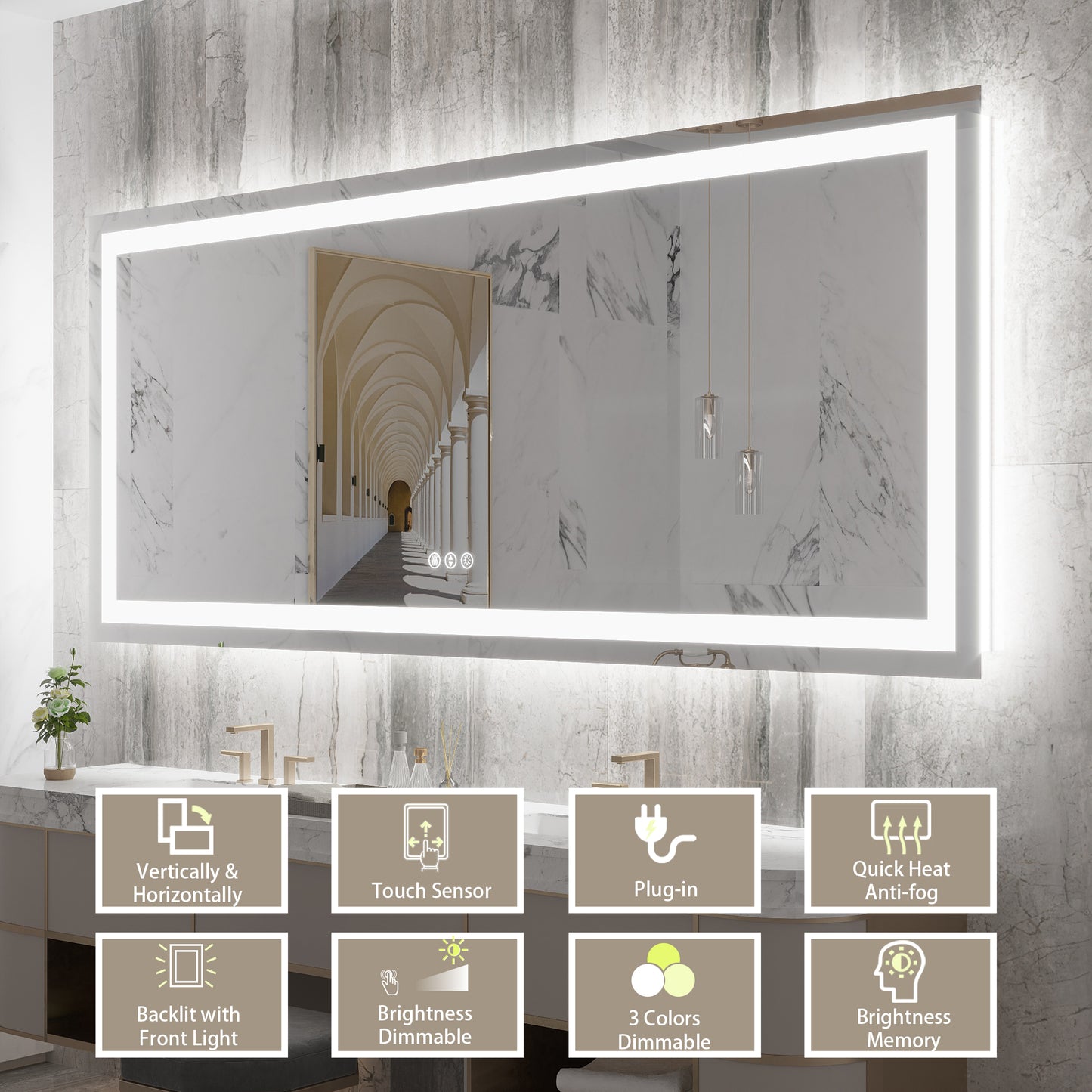 38" x 88"Dokes Frameless Anti-Fog LED Lighted Dimmable Wall Mounted Bathroom Vanity Mirror