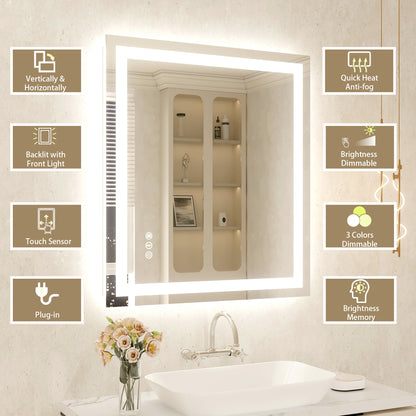 32" x 36" Tempered Glass Frameless LED Bathroom Mirror with Front and Backlight, Stepless Dimmable Wall Mirrors with Anti-Fog, 3 Colors, LED Vanity Mirror(Horizontal/Vertical)