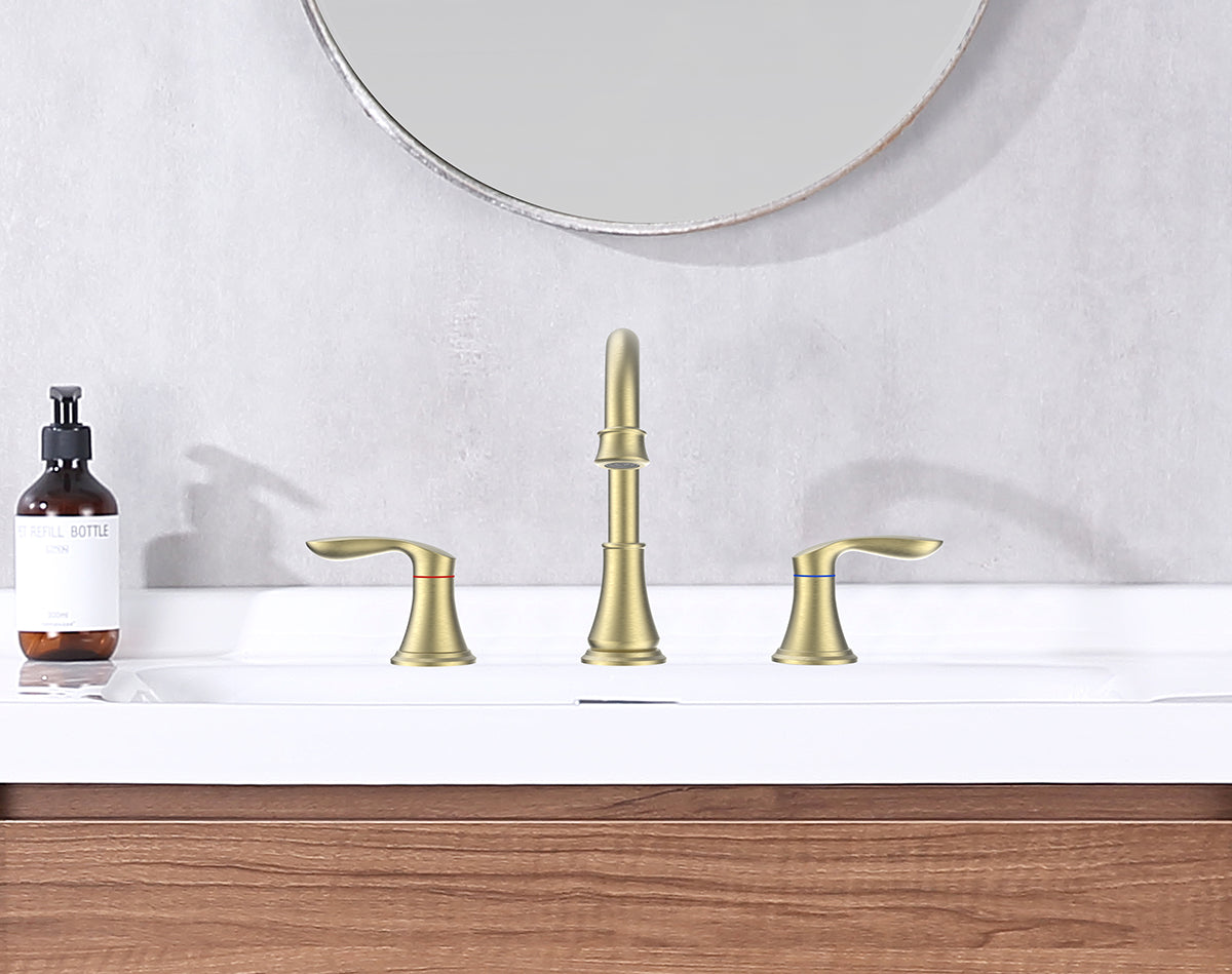 3008B-NA  |   2-Handle 8 inch Widespread Bathroom Sink Faucet Brushed Gold Lavatory Faucet 3 Hole 360° Swivel Spout Vanity Sink Basin Faucets 3008B-NA