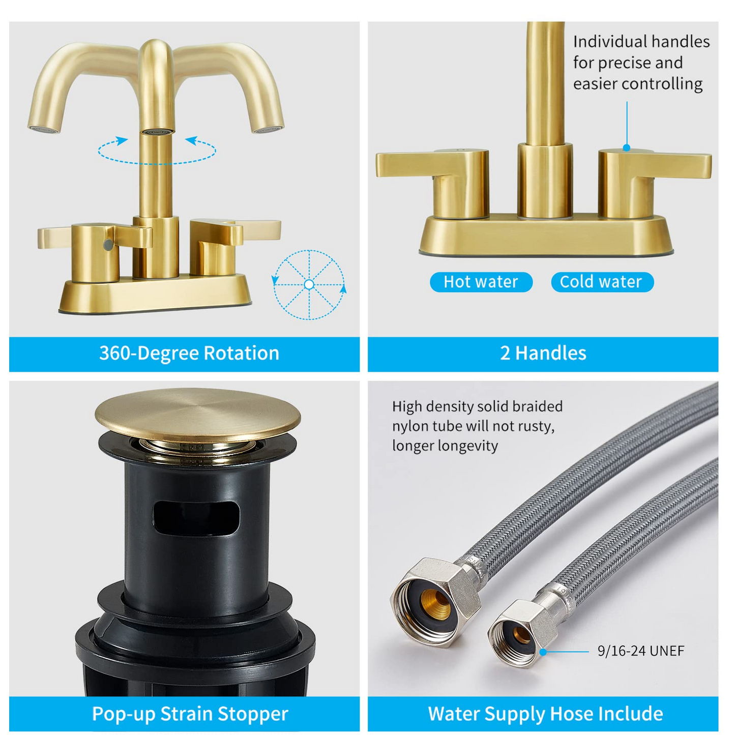 PK013-LJ-US  |  Bathroom Faucet 2 Handle 4 Inch Centerset Bathroom Sink Faucets 3 Hole with Pop Up Drain and Water Supply Lines, Brushed Gold