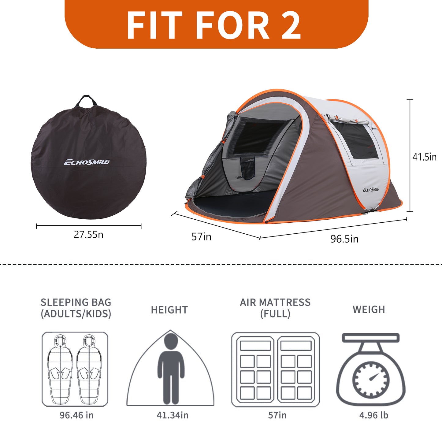 2 Person White + Brown Pop Up Camping Tent