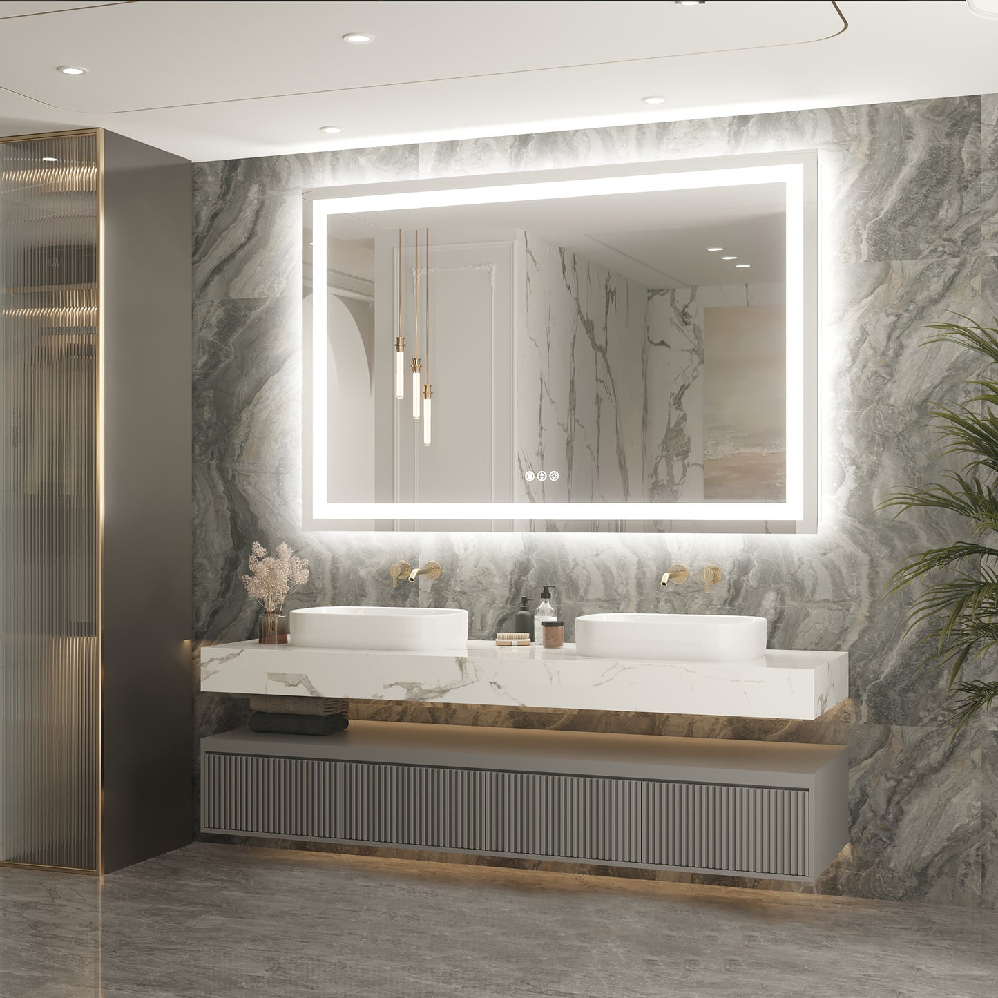 40" x 59"Dokes Frameless Anti-Fog LED Lighted Dimmable Wall Mounted Bathroom Vanity Mirror