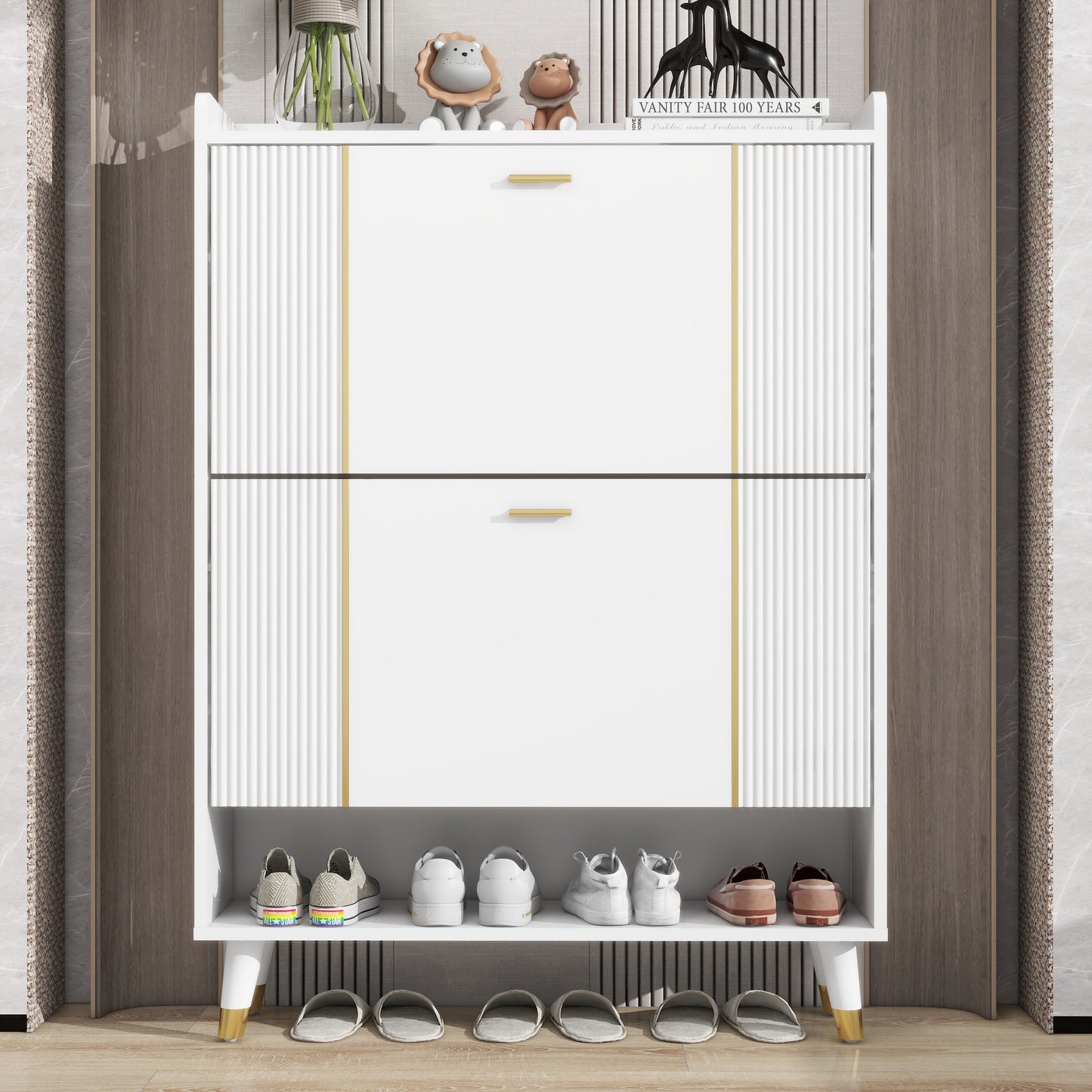 White Two Flip Blister Card Gold Bar Shoe Cabinet