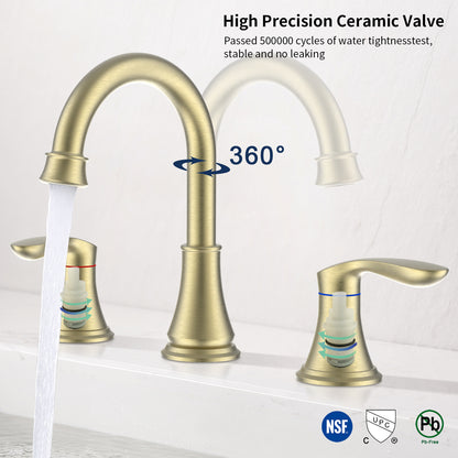 3008B-NA  |   2-Handle 8 inch Widespread Bathroom Sink Faucet Brushed Gold Lavatory Faucet 3 Hole 360° Swivel Spout Vanity Sink Basin Faucets 3008B-NA