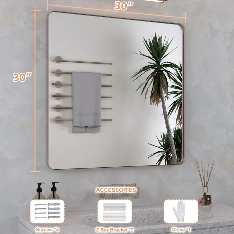 30" x 30" (Silver) Filleted Corner Wall Mounted Mirror, Bathroom Mirror, Vanity Wall Mirror With Metal Frame