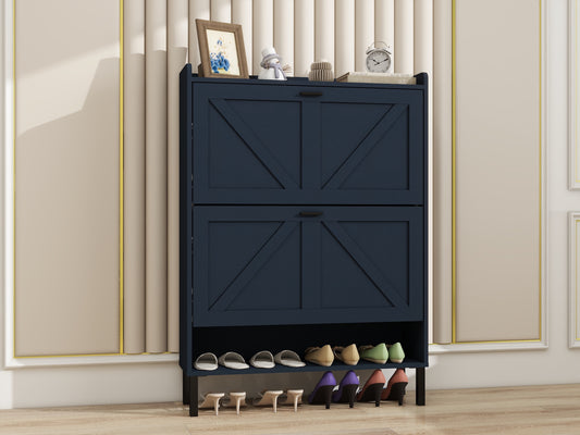 Navy Blue 2 Flip Patchwork Framed Shoe Cabinet