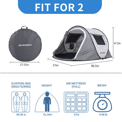 2 Person White + Gray Pop Up Camping Tent