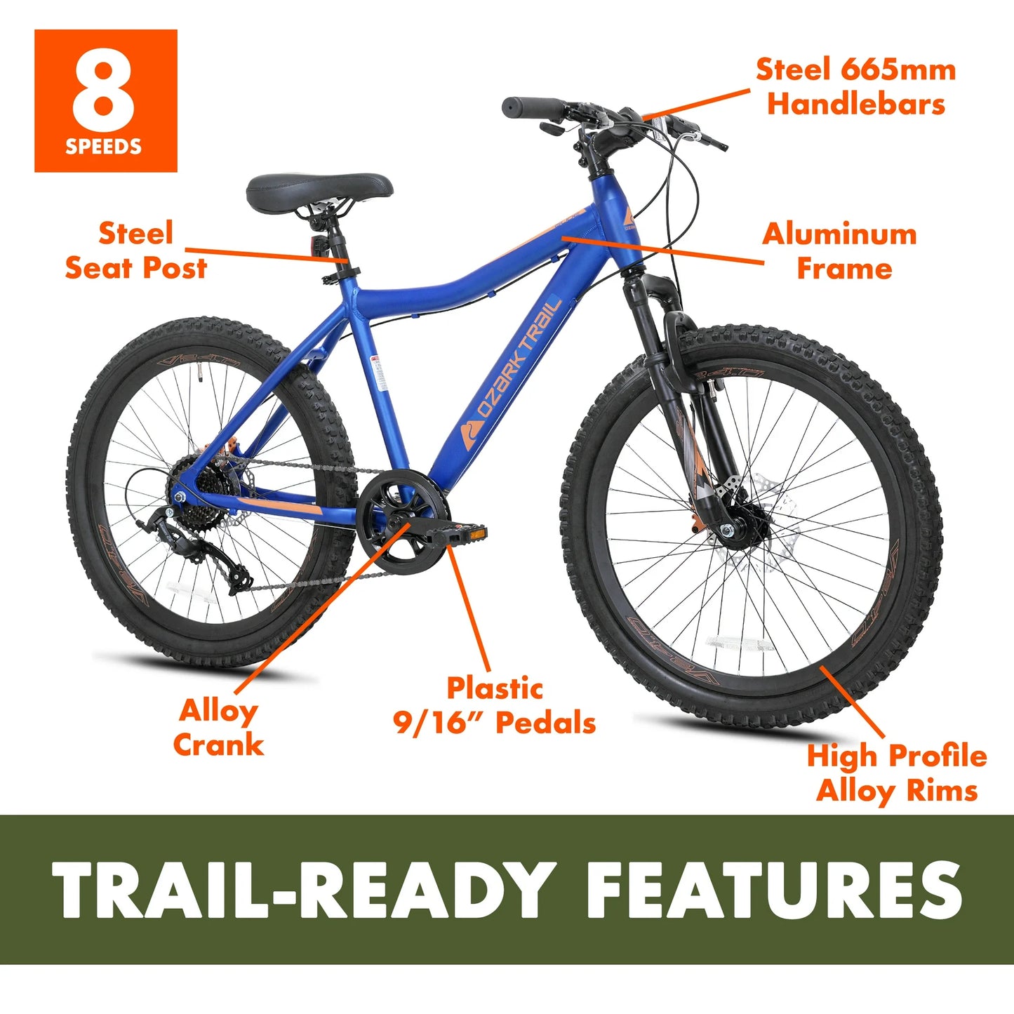 refurbish Ozark Trail 24" Glide Mountain Bike, 8 Speed, Blue, Fits Riders 4'6" - 5'6", Teen, Unisex