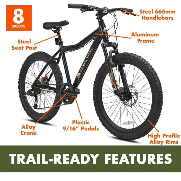 refurbish Ozark Trail Glide Mountain Bike, 24" Wheels, 8 Speed, Black, Fits Riders 4'6" - 5'6", Teen