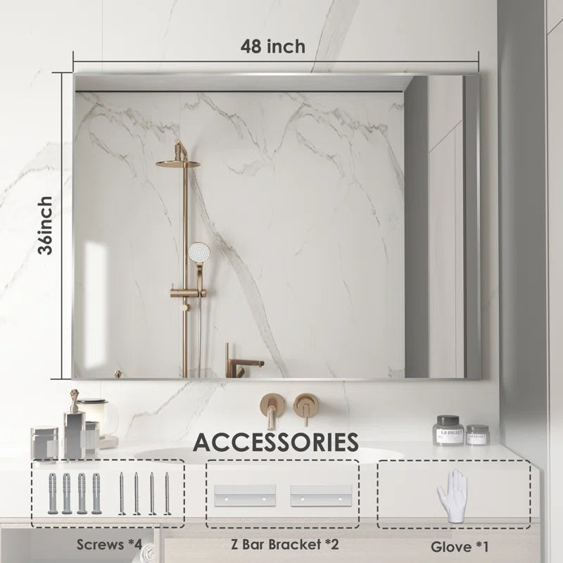 48" x 36"" (Silver) Filleted Corner Wall Mounted Mirror, Bathroom Mirror, Vanity Wall Mirror With Metal Frame