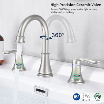 3007B-NP  |  2-Handle 8 inch Widespread Bathroom Sink Faucet Brushed Nickel Lavatory Faucet 3 Hole 360° Swivel Spout Vanity Sink Basin Faucets with Pop Up Drain Assembly and cUPC Water Supply Hoses