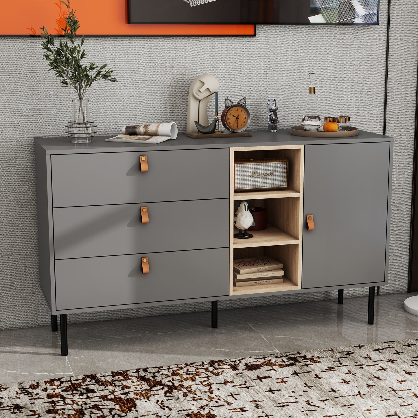 Modern sideboard with three drawers, one door and 3 open shelves