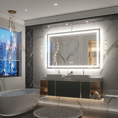 55" x 36" Tempered Glass Frameless LED Bathroom Mirror with Front and Backlight, Stepless Dimmable Wall Mirrors with Anti-Fog, 3 Colors, LED Vanity Mirror(Horizontal/Vertical)