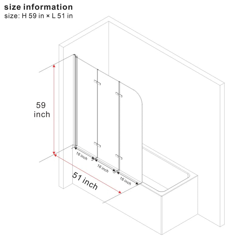 51" W x 59" H Three Plates Folding Tub Door Bathtub Screen with Clear Glass