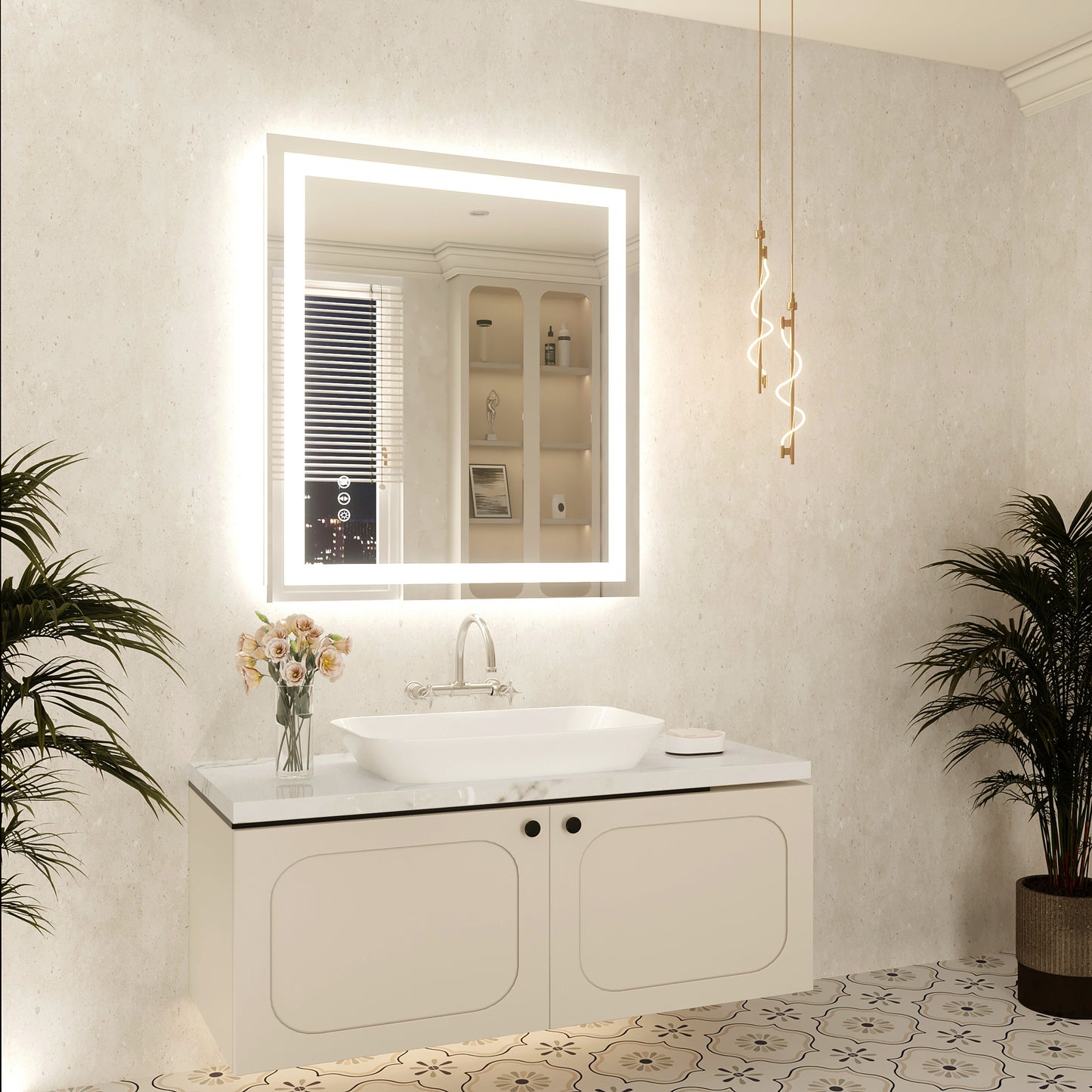 32" x 36" Tempered Glass Frameless LED Bathroom Mirror with Front and Backlight, Stepless Dimmable Wall Mirrors with Anti-Fog, 3 Colors, LED Vanity Mirror(Horizontal/Vertical)