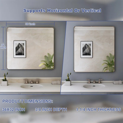 32" x 36" (Silver) Filleted Corner Wall Mounted Mirror, Bathroom Mirror, Vanity Wall Mirror With Metal Frame