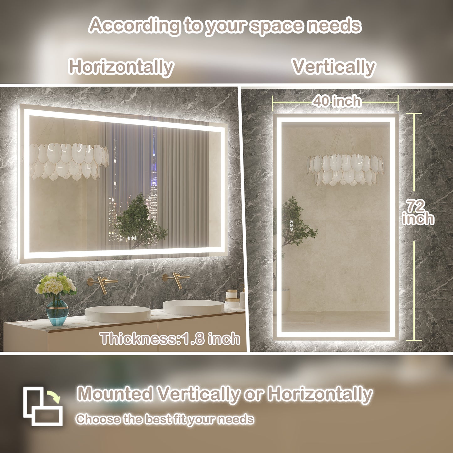 72" x 40"Dokes Frameless Anti-Fog LED Lighted Dimmable Wall Mounted Bathroom Vanity Mirror