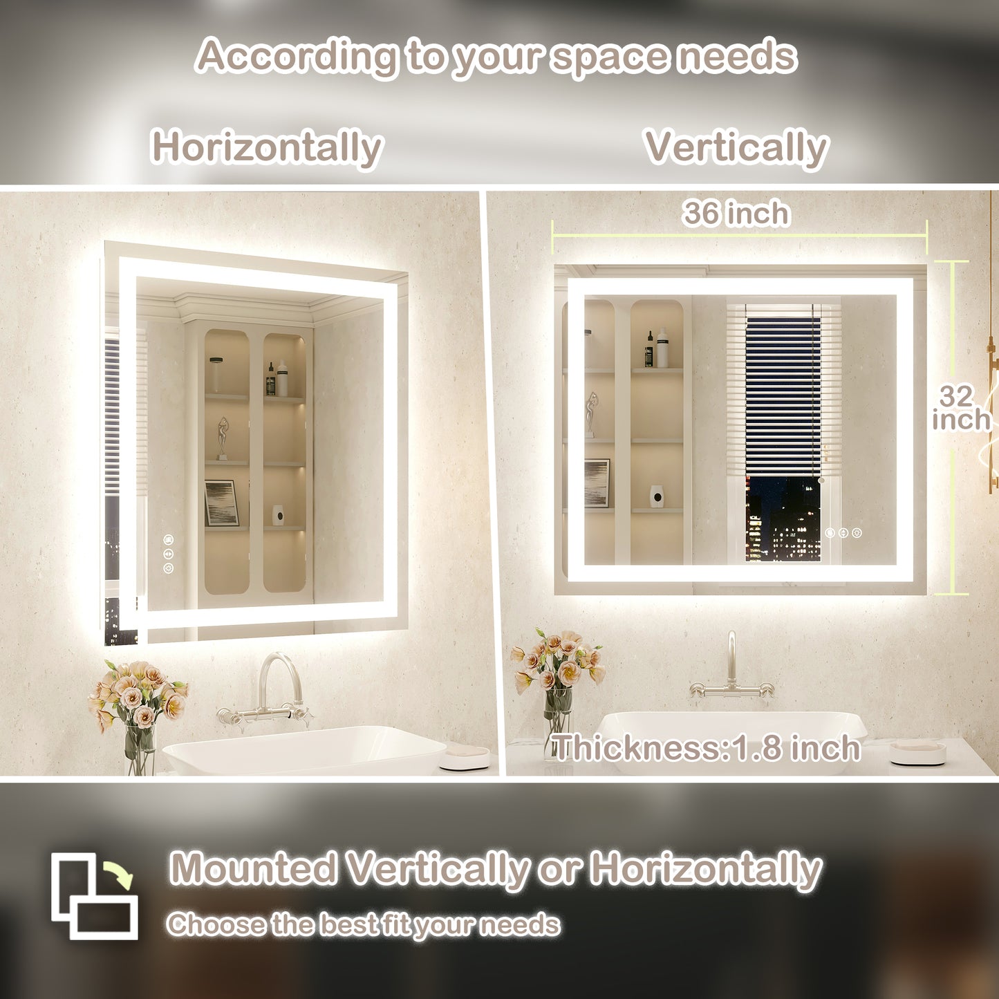 32" x 36" Tempered Glass Frameless LED Bathroom Mirror with Front and Backlight, Stepless Dimmable Wall Mirrors with Anti-Fog, 3 Colors, LED Vanity Mirror(Horizontal/Vertical)