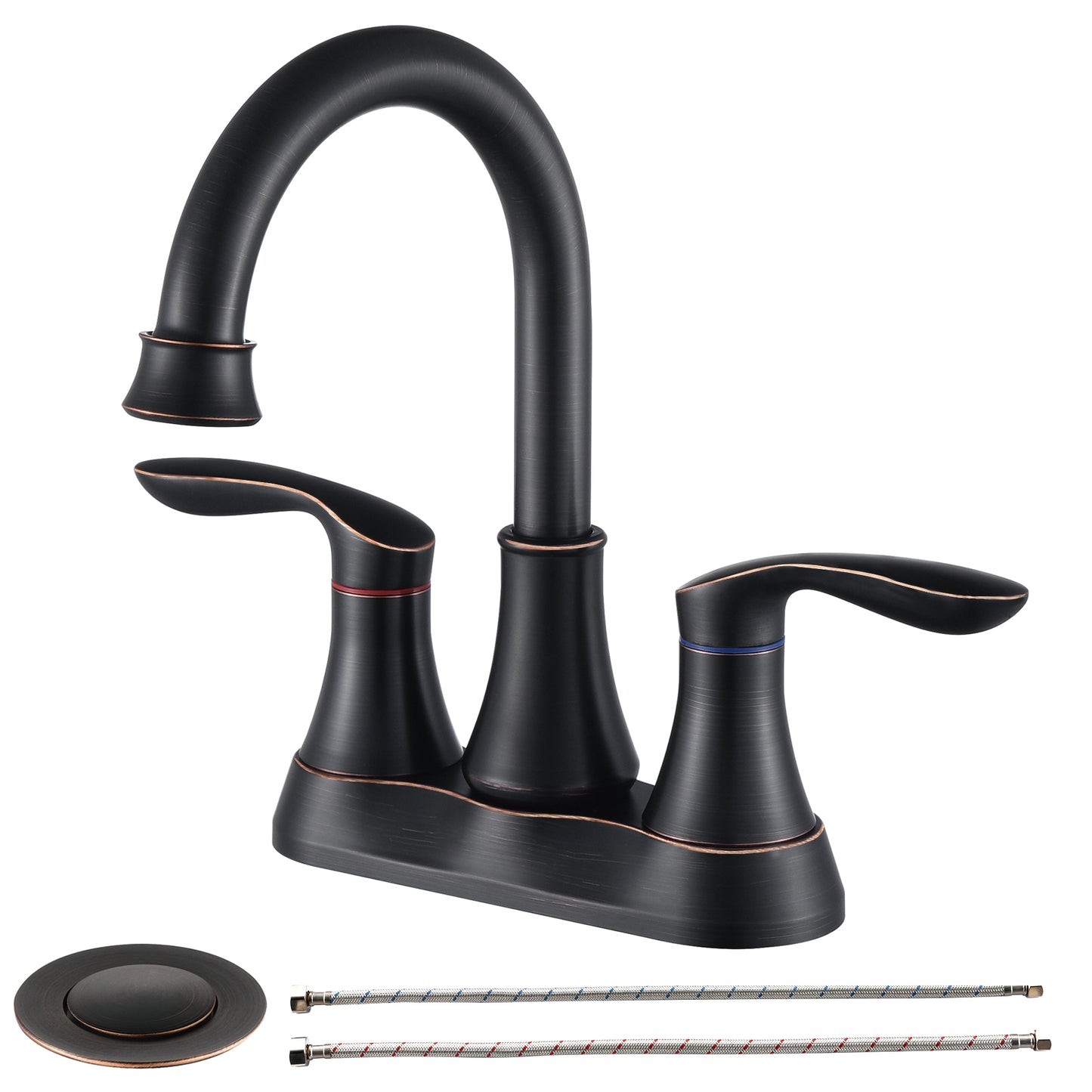 4011B-BG | Bathroom Faucet Brushed Gold with Pop up Drain & Supply Hoses 2-Handle 360 Degree High Arc Swivel Spout Centerset 4 Inch Vanity Sink Faucet 4011B-NA