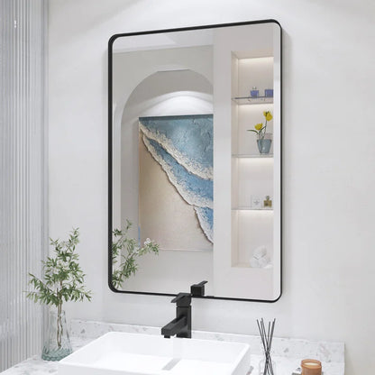 28" X 36" Filleted Corner Wall Mounted Mirror, Bathroom Mirror, Vanity Wall Mirror With Metal Frame