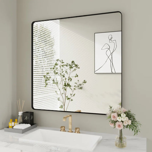 36" X 36"（Black） Filleted Corner Wall Mounted Mirror, Bathroom Mirror, Vanity Wall Mirror With Aluminum Frame