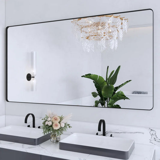 55" X 30" (Black)Filleted Corner Wall Mounted Mirror, Bathroom Mirror, Vanity Wall Mirror With Aluminum Frame