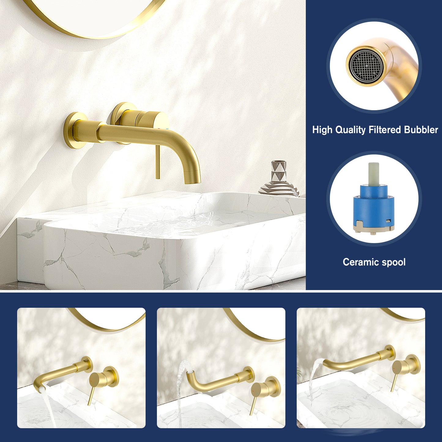 W1083P154747-Wall Mount Faucet for Bathroom Sink or Bathtub, Single Handle 3 Holes Brass Rough-in Valve Included, Brushed Gold