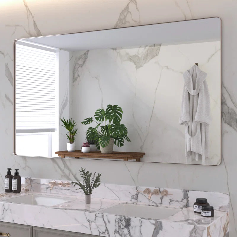 72" x 40"(Silver) Filleted Corner Wall Mounted Mirror, Bathroom Mirror, Vanity Wall Mirror With Metal Frame