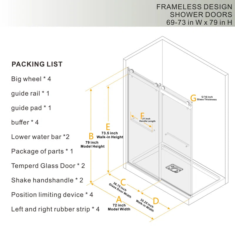 73" W x 79" H Double Sliding Door Shower Door With Closing System