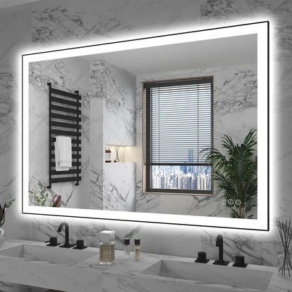 48" X 32"  Detjon Black Framed Anti-Fog LED Lighted Dimmable Wall Mounted Bathroom Vanity Mirror