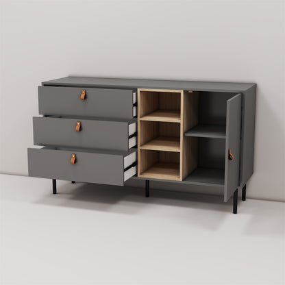 Modern sideboard with three drawers, one door and 3 open shelves