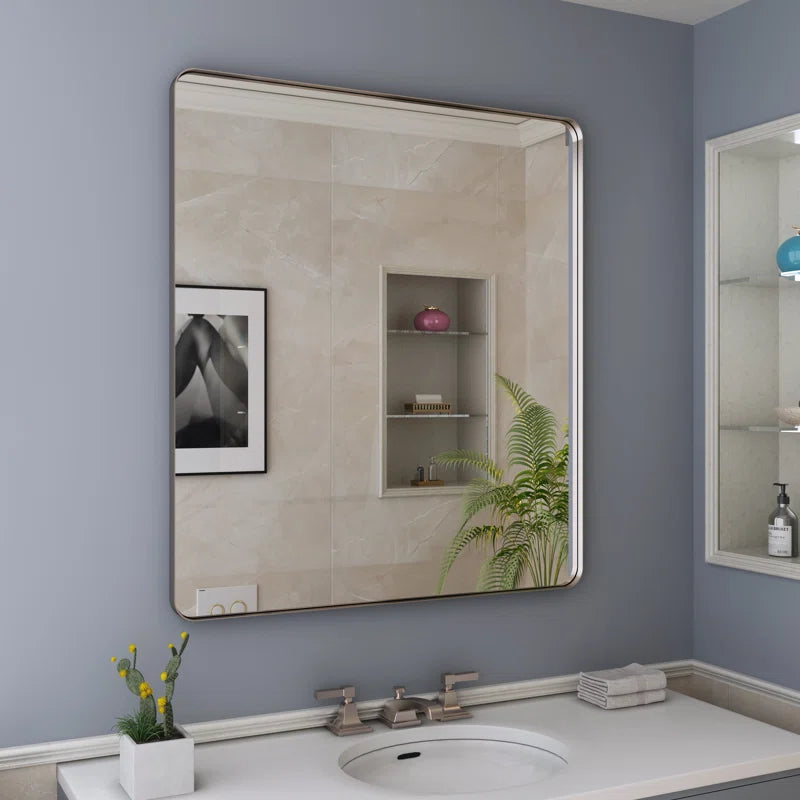 32" x 36" (Silver) Filleted Corner Wall Mounted Mirror, Bathroom Mirror, Vanity Wall Mirror With Metal Frame