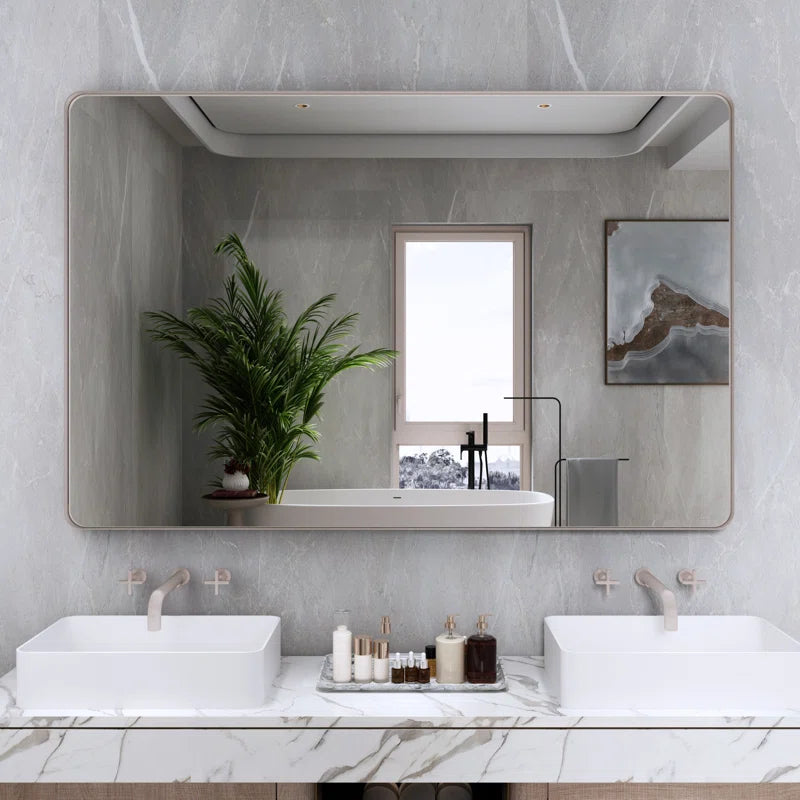 55" x 36"(Silver) Filleted Corner Wall Mounted Mirror, Bathroom Mirror, Vanity Wall Mirror With Metal Frame