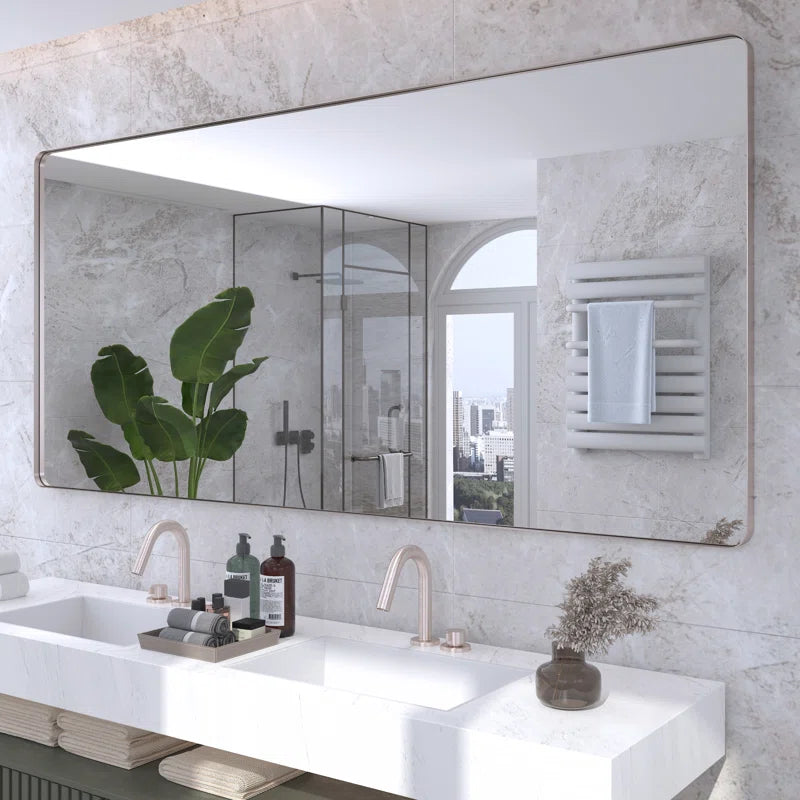 77" x 36"(Silver)Filleted Corner Wall Mounted Mirror, Bathroom Mirror, Vanity Wall Mirror With Metal Frame