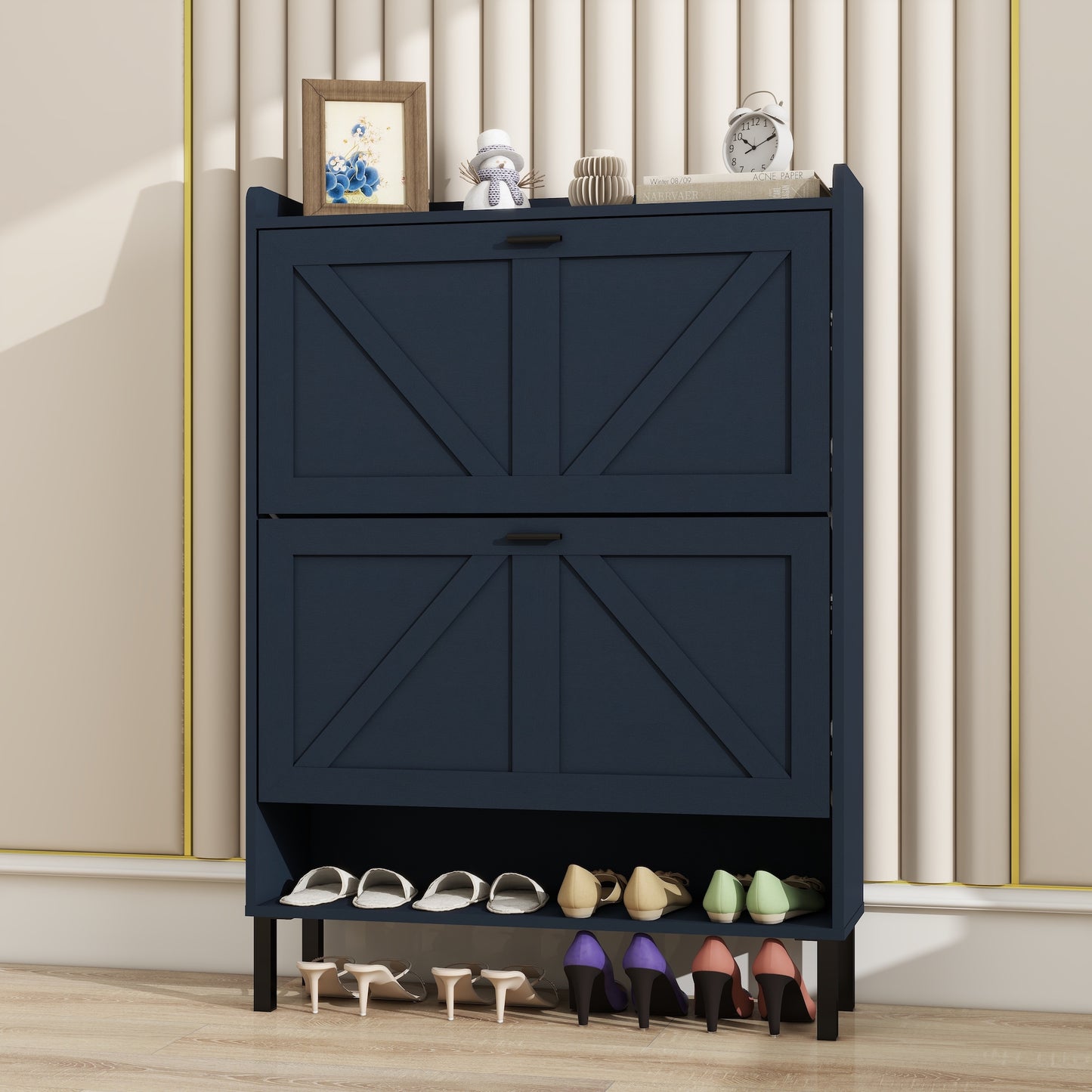 Navy Blue 2 Flip Patchwork Framed Shoe Cabinet