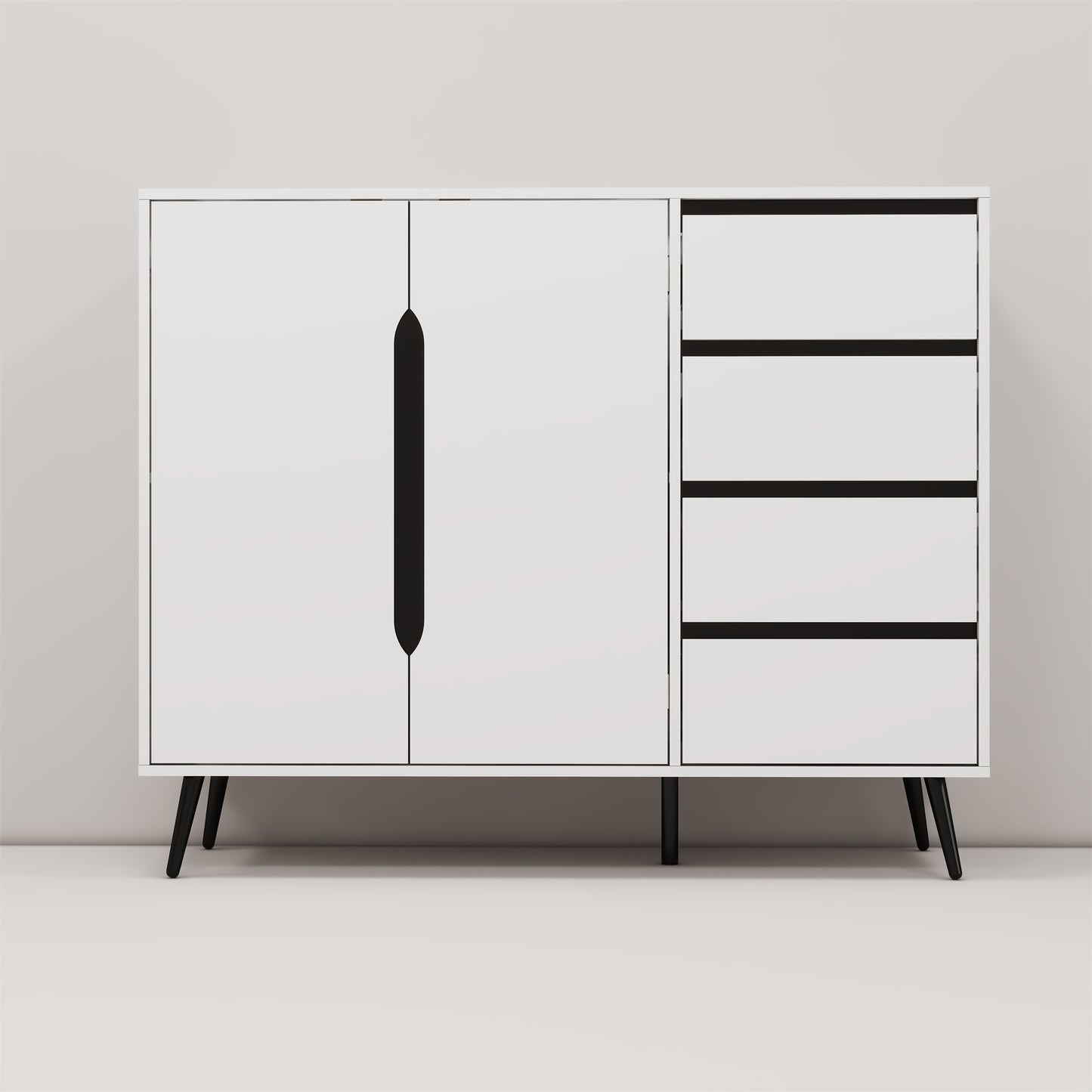 White modern side cabinet with four drawers and two doors