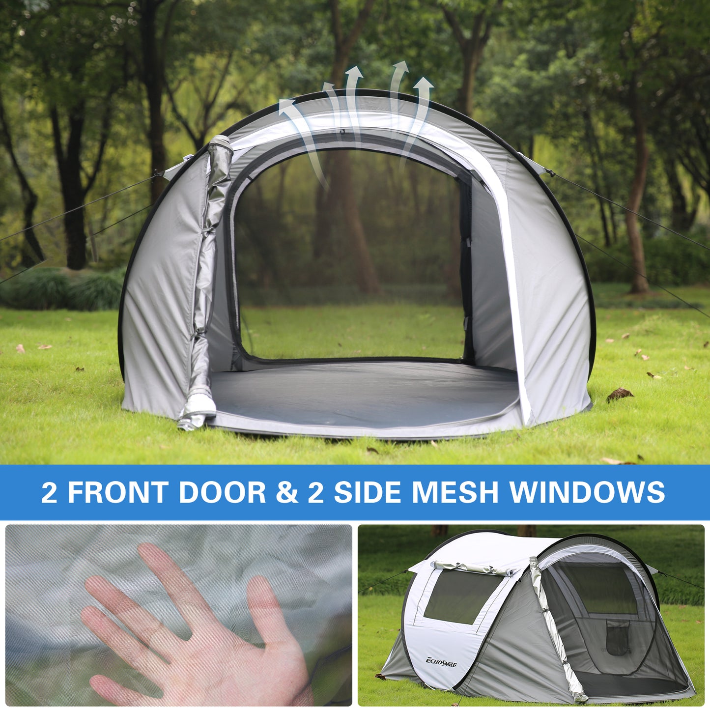 2 Person White + Gray Pop Up Camping Tent