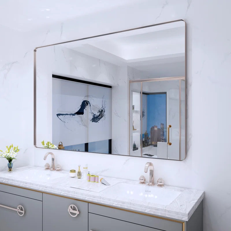 60" x 40'' (Silver) Filleted Corner Wall Mounted Mirror, Bathroom Mirror, Vanity Wall Mirror With Metal Frame