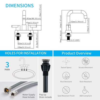 PK012-LS-US | Brushed Gold Bathroom Faucet 4 Inch Centerset Bathroom Faucet, Gold Bathroom Vanity Lavatory Faucets for Sink 3 Hole 2 Handle, Swivel Spout with Brass Drain Assembly