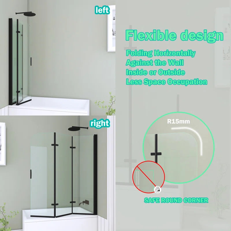 51" W x 59"H Three Plates Folding Tub Door Bathtub Screen with Clear Glass