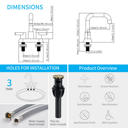 PK013-LJ-US  |  Bathroom Faucet 2 Handle 4 Inch Centerset Bathroom Sink Faucets 3 Hole with Pop Up Drain and Water Supply Lines, Brushed Gold