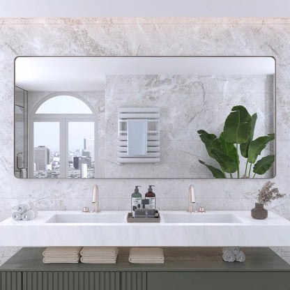 77" x 36"(Silver)Filleted Corner Wall Mounted Mirror, Bathroom Mirror, Vanity Wall Mirror With Metal Frame