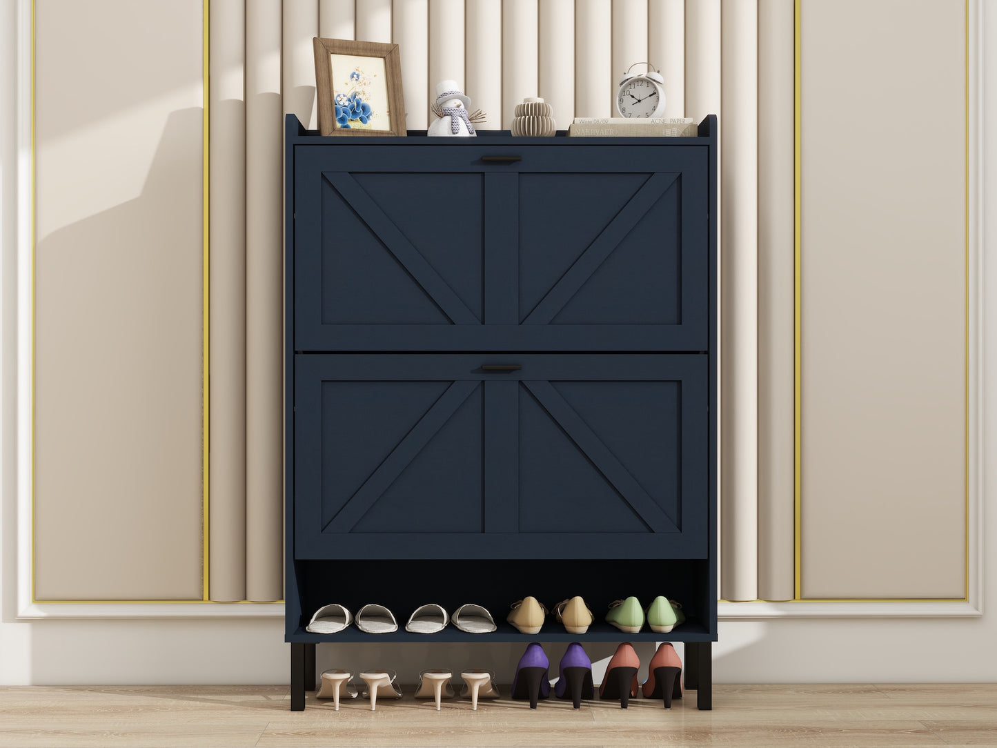 Navy Blue 2 Flip Patchwork Framed Shoe Cabinet