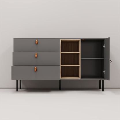 Modern sideboard with three drawers, one door and 3 open shelves